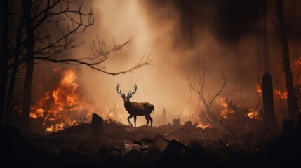 billows of smoke from fires in an In the forest, Wild animals running away from fire, distant view....