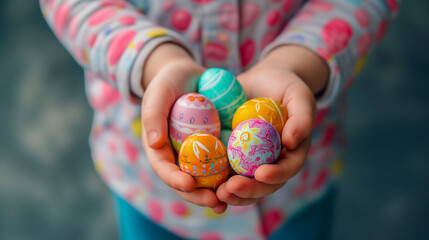 Fototapeta na wymiar Child's Hands Holding Colorful Easter Eggs