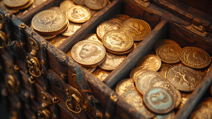 Close-Up of Vintage Coins in Wooden Treasure Chest