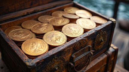 Sunlit Antique Coins in Classic Wooden Treasure Chest