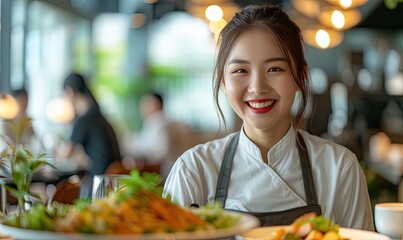 Portrait of Asian woman waiter serving food and drink to customer in restaurant .Generative AI
