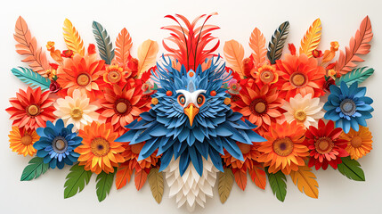 Abstract background with colorful quilling bird and leaves of plants. Botanical ornament paper cut with foliage backdrop in rainbow colors. Generative AI.