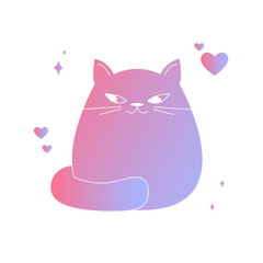 Vector cartoon fat cat. Pink purple gradient. Cunning plump kitten isolated on a white background. Cute illustration.