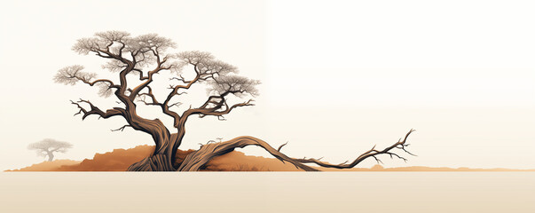 Single old tree on a beautiful sunset landscape, minimalist design, panoramic view, generated by AI