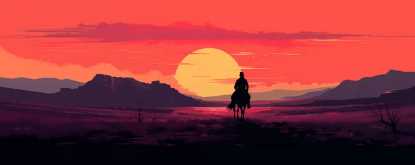  Horse rider in a beautiful arid landscape at sunset, panoramic view, illustration generated by AI  © emilio100