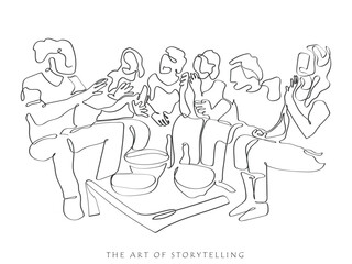 hand drawn line art vector of a guy telling story to his friends. Continuous line art of storytelling concept. The art of telling stories.