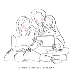 Hand drawn line art vector of girls and mother story time. The art and influence of story telling. Storytelling day art