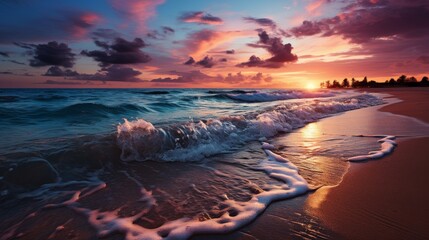 Serene beach scene during sunset, the sun dipping into the ocean, sky painted in hues of purple and gold, tranquil and picturesque, Photography, high - obrazy, fototapety, plakaty