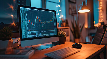 AI generated illustration of a computer monitor displaying a financial graph of the stock market.Generative AI