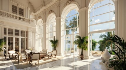 Specify the high ceilings and expansive windows that flood the mansion with natural light and sea breezes.