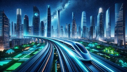 Fototapeta premium High-Speed Train in a Cyberpunk Metropolis