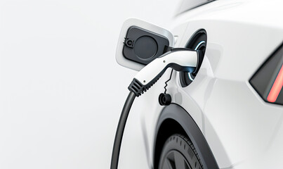 Close-up Electric Vehicle Charging Plug on white background .Generative AI