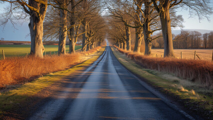 Fototapeta premium Tranquil Summer Drive: Country Road Through Dried Trees