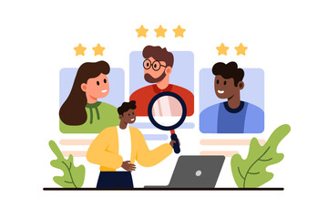 Employment problem, discrimination and prejudice against nationality or gender. Tiny recruiter with magnifying glass rating CV of diverse candidates group with stars cartoon vector illustration