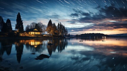 Obraz premium Long exposure of a rotating star trail above a serene lake, reflections on the water, symbolizing the passage of time and celestial movements, Photore