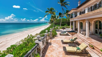 Naklejka premium Imagine a private beach access point exclusive to the mansion's residents, complete with a cabana and beach chairs.