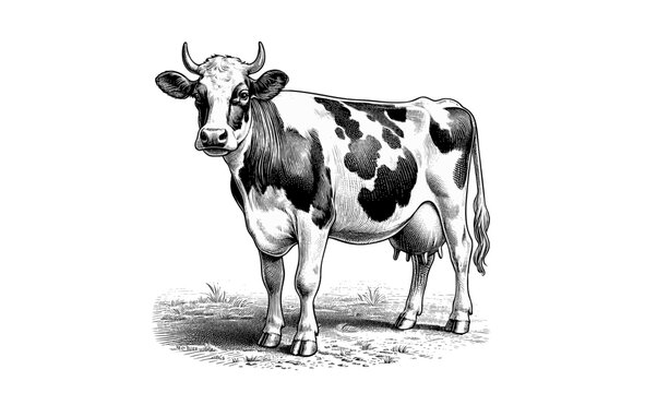 Vintage engraving of dairy cattle isolated on white BG