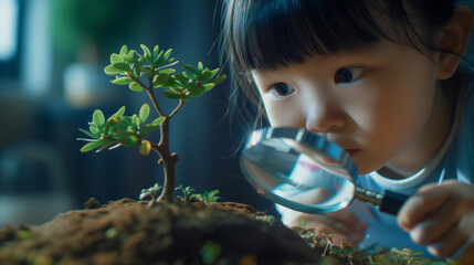 A little girl is using a magnifying glass to closely examine a small tree in order to study its details