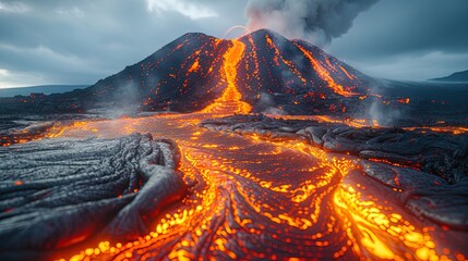 A close-up shot of volcanic bombs hurtling through the air during an eruption, with molten rock an - obrazy, fototapety, plakaty