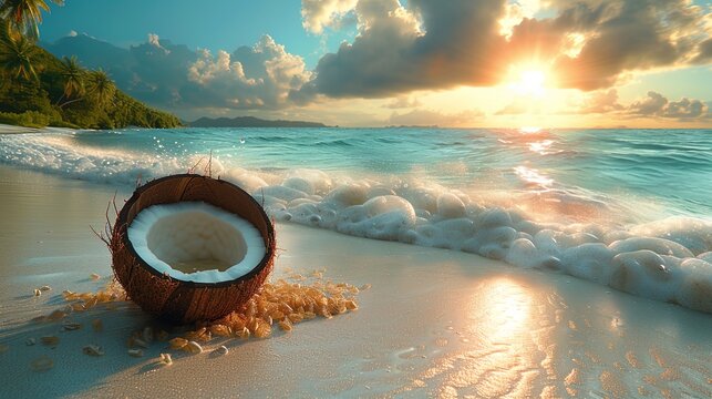 A coconut half buried in the soft sand of a deserted beach, its contents awaiting discovery by a f