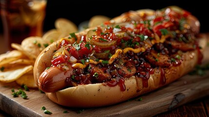 A classic hot dog loaded with toppings like ketchup, mustard, relish, and chopped onions, served w - obrazy, fototapety, plakaty