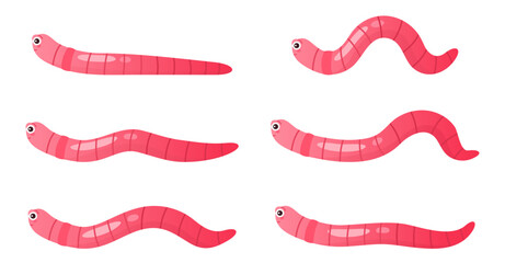 Earthworms crawl set, sequence game animation. Animated stages of walking funny pink worm character with cute comic face, action movement in soil of baby earthworm cartoon vector illustration - obrazy, fototapety, plakaty