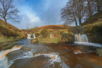 Digital oil painting of a rural landscape scene in the Peak District National Park, England, UK.