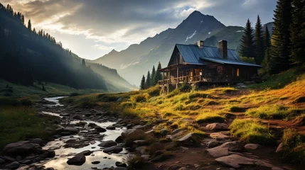 Foto op Canvas Mountain cabin nestled in a forest clearing, smoke rising from the chimney, surrounded by towering peaks, capturing the solitude and beauty of mountai © ProVector