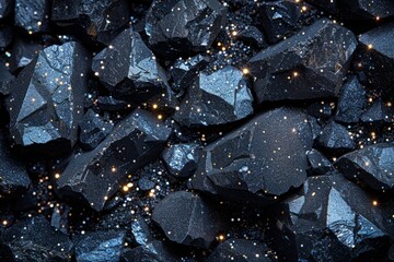 Coal background. Close-up of black coal with sparkles. Black glitter background for national day of mourning - obrazy, fototapety, plakaty