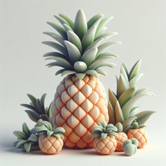 Pineapple Plant with Leaves. 3D minimalist cute illustration on a light background.