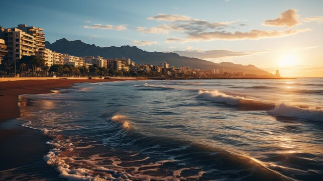 Sunrise over a coastal city, golden light bathing the buildings and sea, peaceful beginning of a day in an urban setting, Photorealistic, coastal city