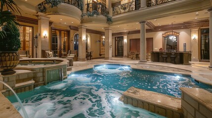 Describe the luxurious amenities inside the mansion, such as a spa, home theater, or gourmet kitchen.