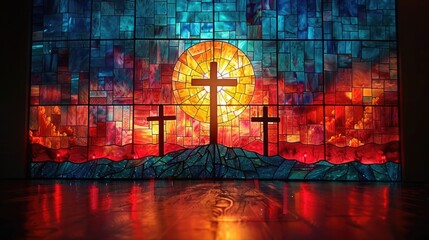 A stained glass window depicting three crosses on a hill with no people present.