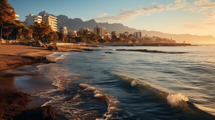 Obraz premium Sunrise over a coastal city, golden light bathing the buildings and sea, peaceful beginning of a day in an urban setting, Photorealistic, coastal city