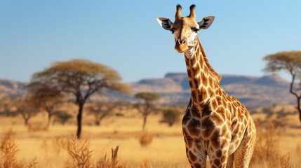 Giraffe grazing on tall trees, vast open plains in the background, clear blue sky, showcasing the unique and graceful wildlife of the savannah, Photor