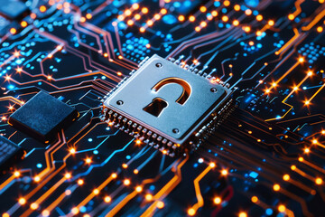 Central processing unit or CPU with a glowing lock symbol, representing concepts of cybersecurity and data protection