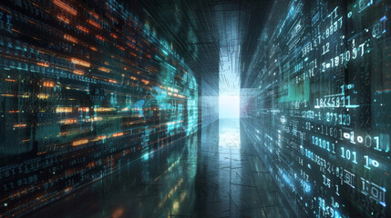 Corridor-like data tunnel with streaming binary code, symbolizing data transfer, digital communication, and cyber technology