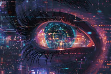 A digitally enhanced eye superimposed on a vibrant, neon-lit cityscape, symbolizing futuristic surveillance or vision
