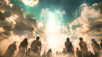 Fototapeta premium Crowd of people looking to the sky waiting for their Master Jesus Christ Generative AI Illustration