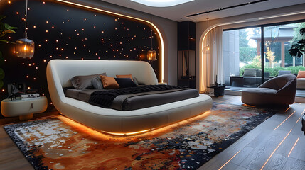 A stylish black and white bedroom with pops of color. Interior design. Created with generative AI.