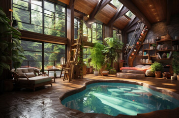 Modern interior of luxury private house. Swimming pull in cottage. Glass wall