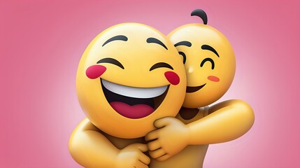 An animated figure hugging a giant, animated, smiling emoji in a happy embrace.