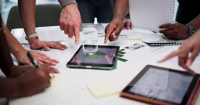 Accountant hands, tablet and strategy for business, proposal and client for budget and expenses statistics. Team, planning and pointing at screen in office, table and notes for company development