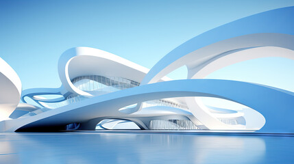 Abstract architecture scene with smooth curves. Abstract background with futuristic building in white and blue colors.