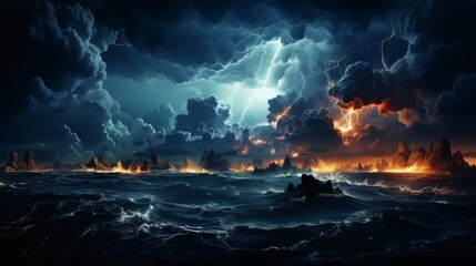 Thunderstorm over the ocean, dramatic lightning strikes, dark clouds and turbulent sea, capturing the raw power of storms, Photorealistic, storm photo