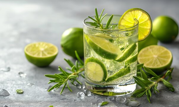 Drink with lemon on the table in a transparent glass.