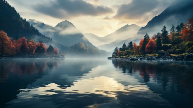 Serene lake reflecting the surrounding mountains and sky at dawn, mist hovering over the water, capturing the peacefulness and symmetry of natural lan
