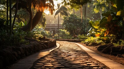 Palm tree-lined path in a botanical garden, sunlight filtering through the fronds, peaceful and exotic setting, focusing on the allure and tranquility - obrazy, fototapety, plakaty