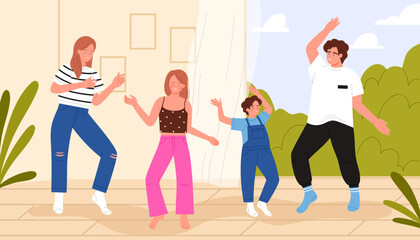 Happy family people dance in cozy home interior, enjoy music. Young father and mother, son and daughter jumping, dancers dancing together near open balcony with fresh air cartoon vector illustration