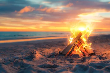 Foto op Aluminium bonfire on the sandy beach during sunset. camping outdoors lifestyle with beautiful scenery landscape © Rangga Bimantara